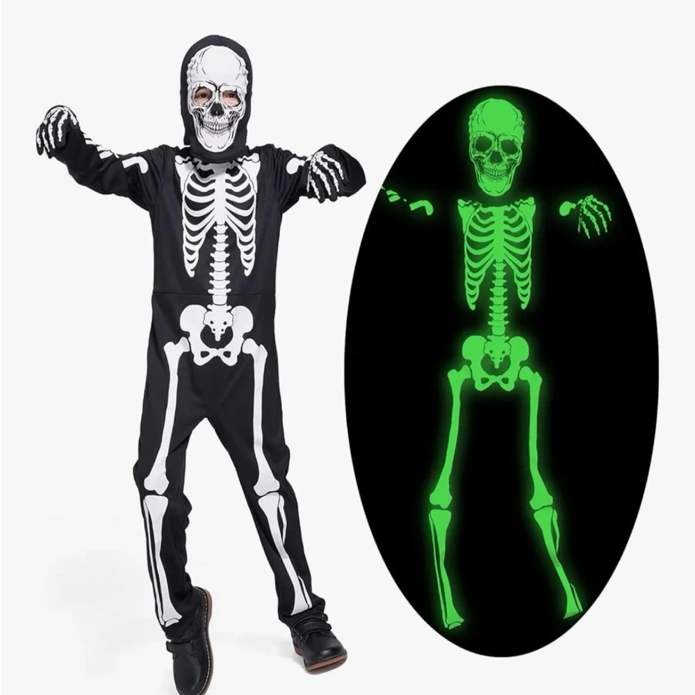 💀 NWT Kids Skeleton Costume Glow in The Dark Skeleton Halloween Costume age 9-11
